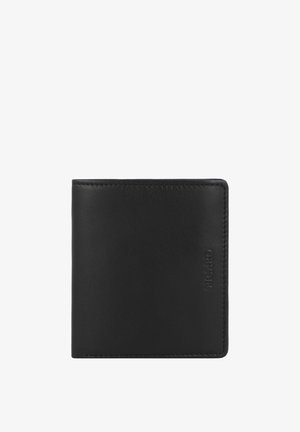 Schwarze Lederbrieftasche mit glatter Textur, gefaltetem Design und geprägtem Logo. Verfügt über sauber genähte Kanten und eine kompakte quadratische Form.
