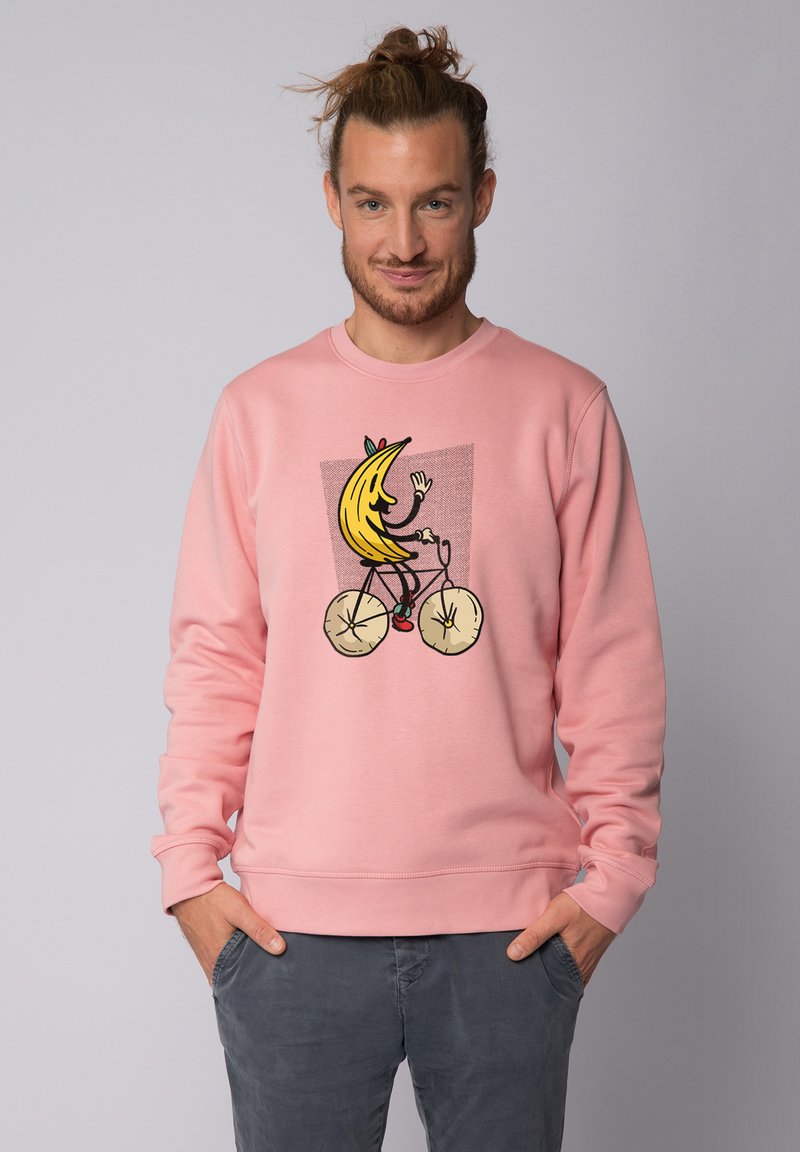 Roze sweatshirt van een katoenmix, met een grafische afbeelding van een bananenkarakter op een fiets. Ribgebreide boorden en onderrand, zachte textuur.