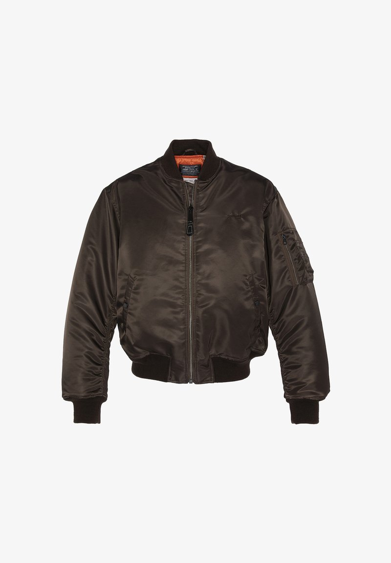 Veste bomber marron foncé avec fermeture éclair à l'avant, poignets et ourlet côtelés, et poche zippée sur la manche gauche, montrant un léger éclat.