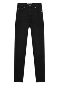 Jeans de mezclilla negra con un ajuste slim. Cuenta con cinco bolsillos, herrajes en tono plateado y un cierre de botón. Textura suave con un diseño clásico.