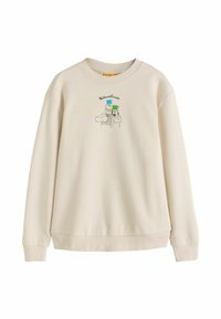 Cremefarbener Pullover mit geripptem Rundhalsausschnitt und Bündchen, in der Mitte mit einem gedruckten Cartoon-Motiv von Wallace und Gromit. Weiche Textur.