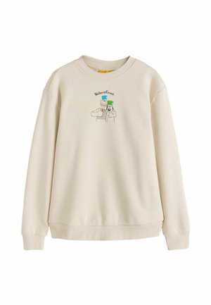 Kermainen collegepaita, jossa resoritehosteinen pyöreä kaula-aukko ja hihansuut. Keskellä painettu piirroskuva Wallace ja Gromitista. Pehmeä rakenne.