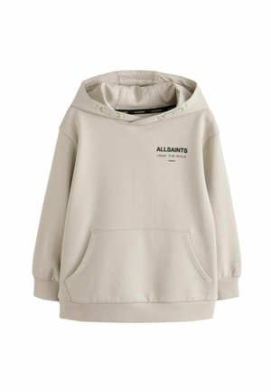 Beiger Kapuzenpullover mit geräumiger Fronttasche, gerippten Bündchen und einem dezenten Logo-Print. Hergestellt aus weichem, strukturiertem Stoff.