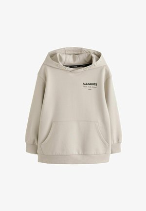Beige hoodie met een ruime voorzak, ribbelmanchetten en een subtiele logo-afdruk. Gemaakt van zacht, gestructureerd materiaal.