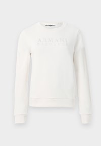 Bílá mikina s kulatým výstřihem vyrobená z měkkého materiálu, s vyvýšeným logem "ARMANI EXCHANGE" na přední straně. Žebrované manžety a lem.