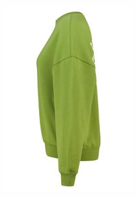 Groene sweatshirt met een ronde hals, lange mouwen en geribbelde boorden. Zachte stof met een eenvoudige grafische detail op de mouw.