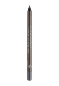 Bruine oogpotlood eyeliner met een metallische glans, voorzien van een puntige tip en een zwarte plastic uiteinde. De tekst op de body luidt "Vulkanische Mineralen Langdurige Eyeliner."