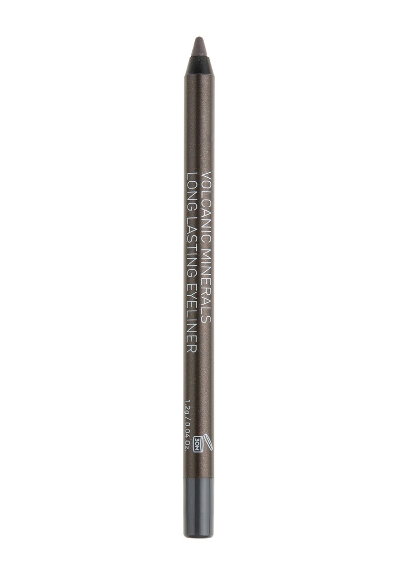 Bruine oogpotlood eyeliner met een metallische glans, voorzien van een puntige tip en een zwarte plastic uiteinde. De tekst op de body luidt "Vulkanische Mineralen Langdurige Eyeliner."