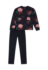 Mörkblå sweatshirt med blommönster i rosa och vinröda blommor, kombinerad med matchande mörkblå tights, tillverkad av mjukt material för komfort.