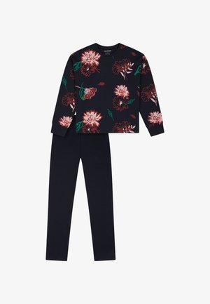 Blauer Sweatshirt mit floralen Mustern in Pink und Bordeaux, kombiniert mit passenden blauen Leggings, aus weichem Stoff für hohen Tragekomfort.