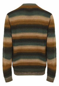 Gestreepte trui met afwisselende tinten groen, bruin en beige. Geribbelde structuur, ronde hals en lange mouwen. Minimalistisch ontwerp.