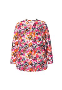 Camicia colorata con maniche lunghe, caratterizzata da una miscela di modelli astratti in rosa, arancione, verde e grigio, e con scollatura a V.