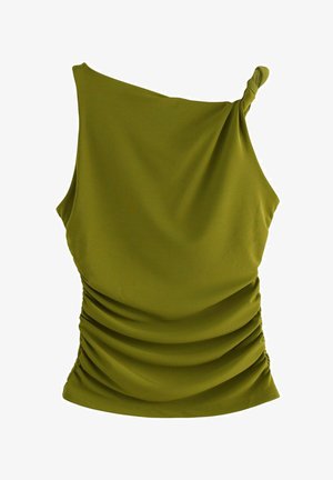 Olijfgroene mouwloze top met een schouderontwerp, voorzien van geplooide details en een geknoopte band voor extra textuur. Zacht, rekbaar materiaal.