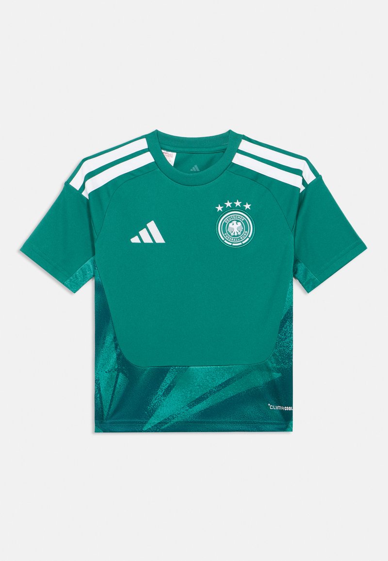Zelený fotbalový dres Adidas s bílými pruhy na ramenou, logem Německé fotbalové asociace se čtyřmi hvězdami na hrudi a nápisem ClimaCool.