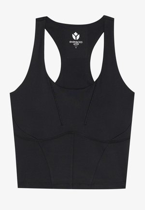 Sort atletisk crop top med rund halsudskæring, racerback-stil og syede detaljer ved taljen; lavet af glat, strækbart stof.