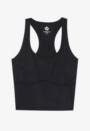 Svart sports crop top med rund hals, racerback-stil og stikking i midjen; laget av glatt, elastisk stoff.