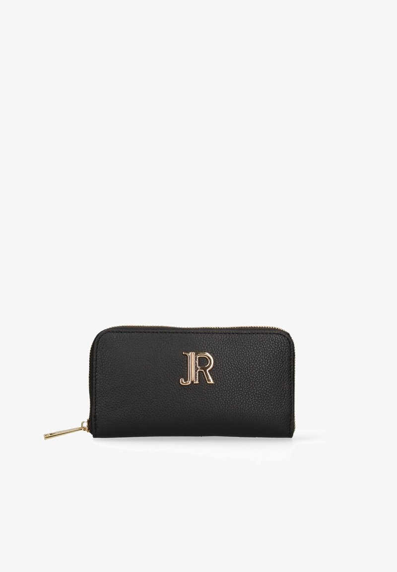 Portefeuille zippé en cuir noir texturé avec logo "JR" doré et tirette de fermeture éclair assortie en or sur fond blanc.