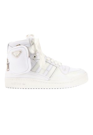 White high-top sneaker with side zipper pocket, lace-up front, and three stitched stripes on the side.