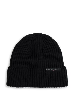 Bonnet noir en maille côtelée avec revers et petite étiquette rectangulaire du logo Tommy Jeans.