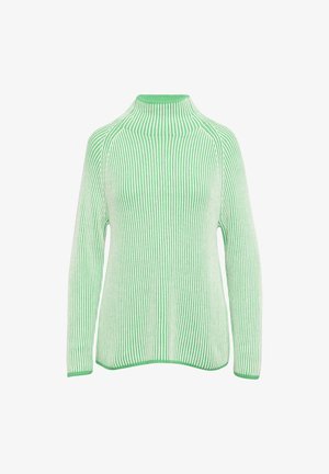 Pull rayé vert et blanc avec un col montant, des manches longues et une texture côtelée. Tissu tricoté doux et coupe décontractée avec un ourlet arrondi.