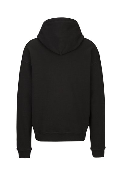Black hoodie with a kangaroo pocket and ribbed cuffs. Fabric appears soft and smooth. The back features a rounded hood and relaxed fit.