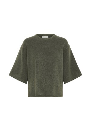 Laisvo silueto, trumpomis rankovėmis megztinis alyvuogių žalia spalva, su apvalia iškirpte ir minkštu, tekstūruotu mezgimu.