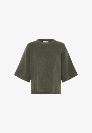 Laisvo silueto, trumpomis rankovėmis megztinis alyvuogių žalia spalva, su apvalia iškirpte ir minkštu, tekstūruotu mezgimu.