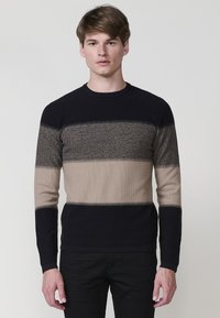 Strickpullover mit einem Farbblockdesign in Marineblau, Hellgrau und Beige. Klassischer Rundhalsausschnitt und lange Ärmel.
