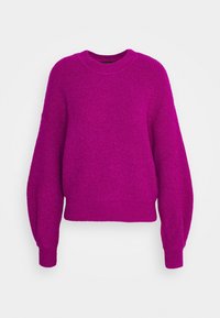 Fuchsiastrickad tröja med rund hals, överdimensionerade ärmar och ribbad textur. Korta fållar och åtsittande ärmslut. Mjuk tygfinish.