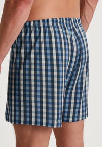 Shorts de boxeur en motif à carreaux bleu et crème, avec une taille élastique et un tissu doux, offrant une coupe décontractée et un ourlet droit.