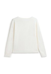 Maglione bianco a maniche lunghe con scollatura rotonda e una finitura morbida e testurizzata. L'orlo è leggermente accorciato, offrendo una vestibilità rilassata.