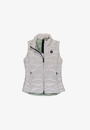 Gilet bianco imbottito con colletto alto, chiusura con zip e due tasche frontali. Motivo testurizzato e fodera interna verde. Accenti della zip neri.