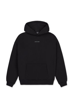 Černá mikina z měkké látky. Obsahuje klokaní kapsu, žebrované manžety a jednoduché logo vytištěné na hrudi. Jednoduchý design.