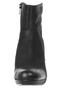 Bottines en cuir noir à finition lisse, bout rond et fermeture éclair sur le côté. Présente un dessus texturé et des détails de couture subtils.
