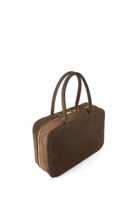 Brown suede bag with a rectangular shape, dual handles, and a gold zipper accent. Smooth texture and minimalist design.