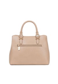 Borsa a mano in pelle beige con doppi manici superiori, tasca esterna con zip e dettagli in metallo dorato. Texture liscia e forma strutturata.