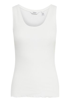Hvid ærmeløs top lavet af ribbet stof, med en dyb rund halsudskæring og en lige, tætsiddende form med en bølget bundafskæring.