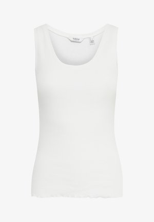 Vit ärmlös topp gjord av ribbat tyg, med en rundad halsringning och en rak, figursydd silhuett med en scalloped nederkant.