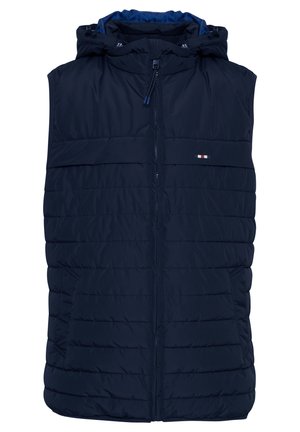 Tamsiai mėlynas pūkų liemėjis su užtrauktuku priekyje, su kapišonu ir dviem šoninėmis kišenėmis. Jame yra horizontali siuvimo medžiaga ir mažas trijų spalvų emblema ant krūtinės.