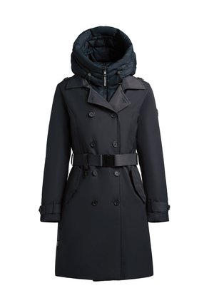 Navy waterproof trench coat with a removable padded hood, double-breasted buttons, belted waist, and side pockets. Smooth matte finish.