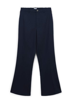 Marineblaue Schlaghosen aus einem glatten Stoff, mit einem Frontknopfverschluss und Seitentaschen. Flache Vorderseite und taillierte Beine.