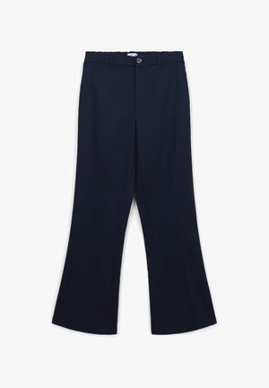 Marineblaue Schlaghosen aus einem glatten Stoff, mit einem Frontknopfverschluss und Seitentaschen. Flache Vorderseite und taillierte Beine.