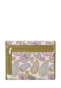 Multicolor wallet featuring a paisley pattern in pink, purple, and orange on a white background; includes a gold zipper and tan accents.