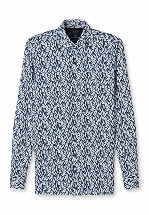 Langärmliges Hemd mit Knopfleiste, dunkelblauem und weißem Blattmuster, klassischem Kragen und taillierter Passform.