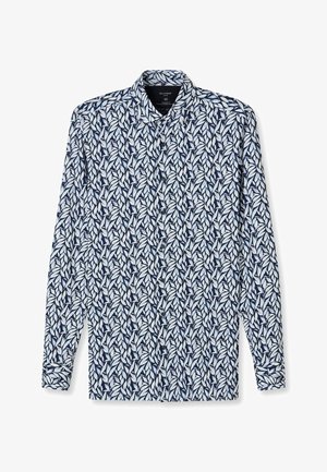 Long-sleeve button-up shirt with a navy blue and white leafy pattern, classic collar, and tailored fit.