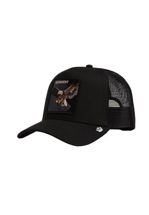 Schwarze Baseballkappe aus Netzstoff mit verstellbarem Verschluss, Frontpatch mit fliegendem Adler und dem Wort "REPRESENT" darüber.