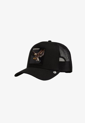 Schwarze Baseballkappe aus Netzstoff mit verstellbarem Verschluss, Frontpatch mit fliegendem Adler und dem Wort "REPRESENT" darüber.