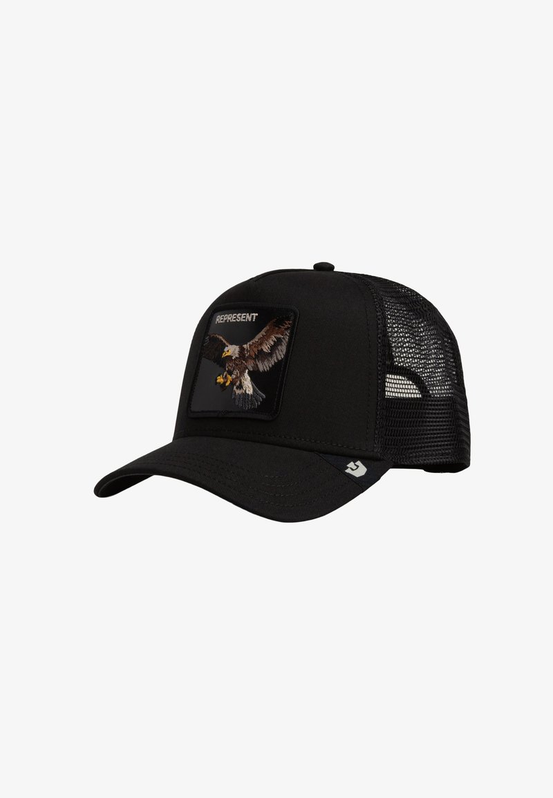Schwarze Baseballkappe aus Netzstoff mit verstellbarem Verschluss, Frontpatch mit fliegendem Adler und dem Wort "REPRESENT" darüber.
