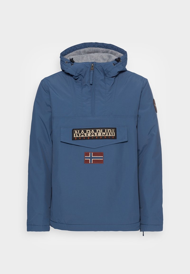 Blue windbreaker jacket with a hood, featuring a front pocket, logo patch, and Norwegian flag detail. Smooth material with a matte finish.