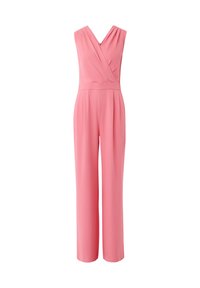 Roze jumpsuit met een V-hals, plooien in de taille en een wijde pijpdesign. Gemaakt van zachte stof met een ritssluiting aan de achterkant.
